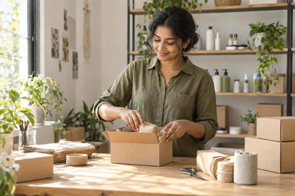 A small business founder preparing product orders in her studio